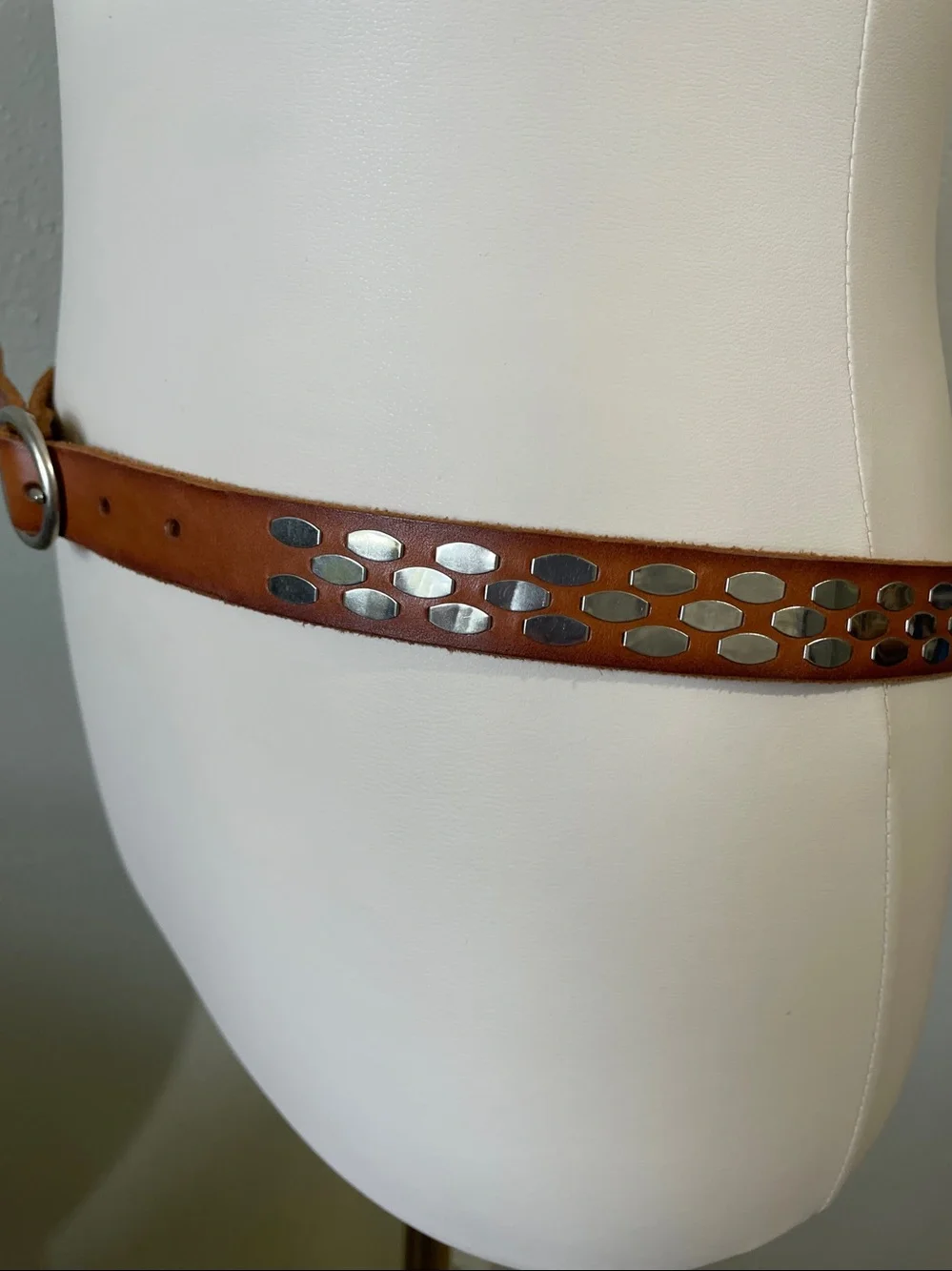 Silver Tone Studded Brown Leather Skinny Belt Large J Crew Moto Biker Casual - Picture 2 of 9